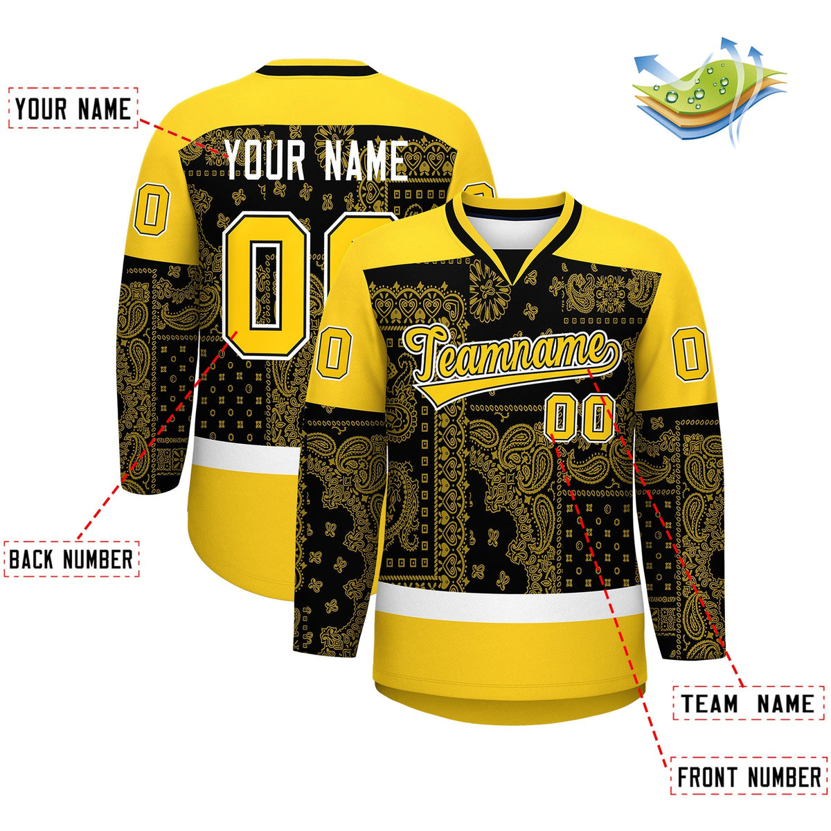 Custom Gold White Black Cashew Flower Graffiti Pattern V-Neck Hockey Jersey| KXKSHOP