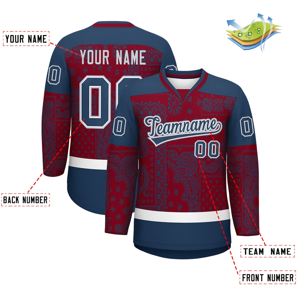 Custom Midnight Blue Crimson White Cashew Flower Graffiti Pattern V-Neck Hockey Jersey| KXKSHOP
