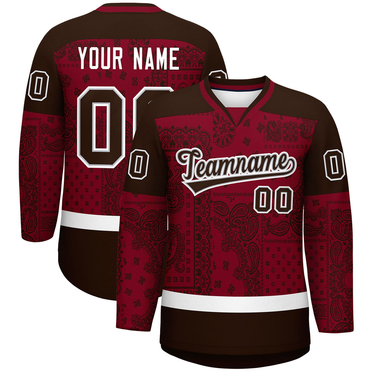 Custom Brown Crimson White Cashew Flower Graffiti Pattern V-Neck Hockey Jersey| KXKSHOP