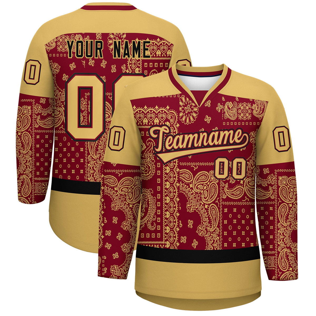 Custom Old Gold Crimson Black Cashew Flower Graffiti Pattern V-Neck Hockey Jersey| KXKSHOP
