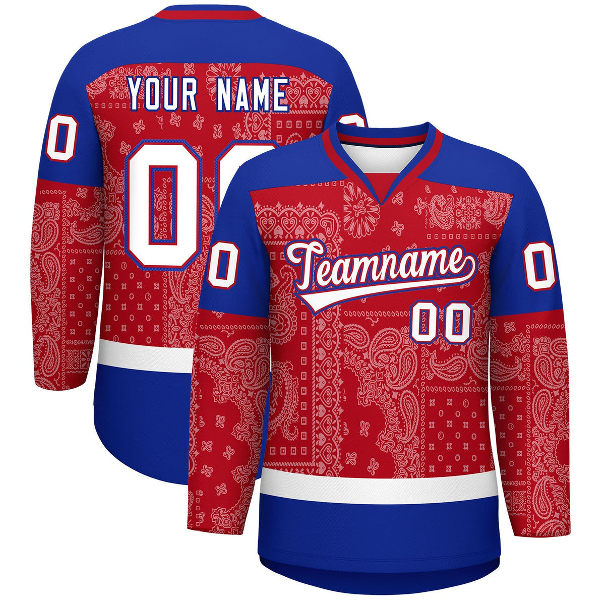 Custom Royal White Red Cashew Flower Graffiti Pattern V-Neck Hockey Jersey| KXKSHOP