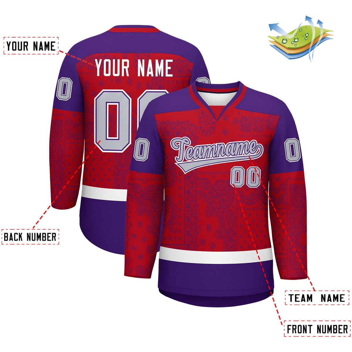 Custom Purple Red White Cashew Flower Graffiti Pattern V-Neck Hockey Jersey| KXKSHOP