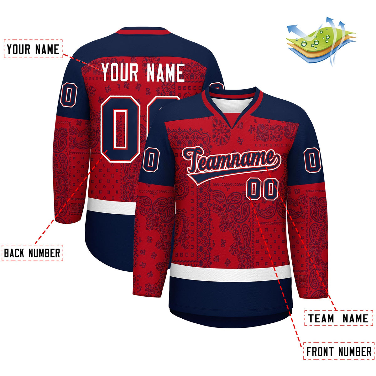 Custom Navy Red White Cashew Flower Graffiti Pattern V-Neck Hockey Jersey| KXKSHOP