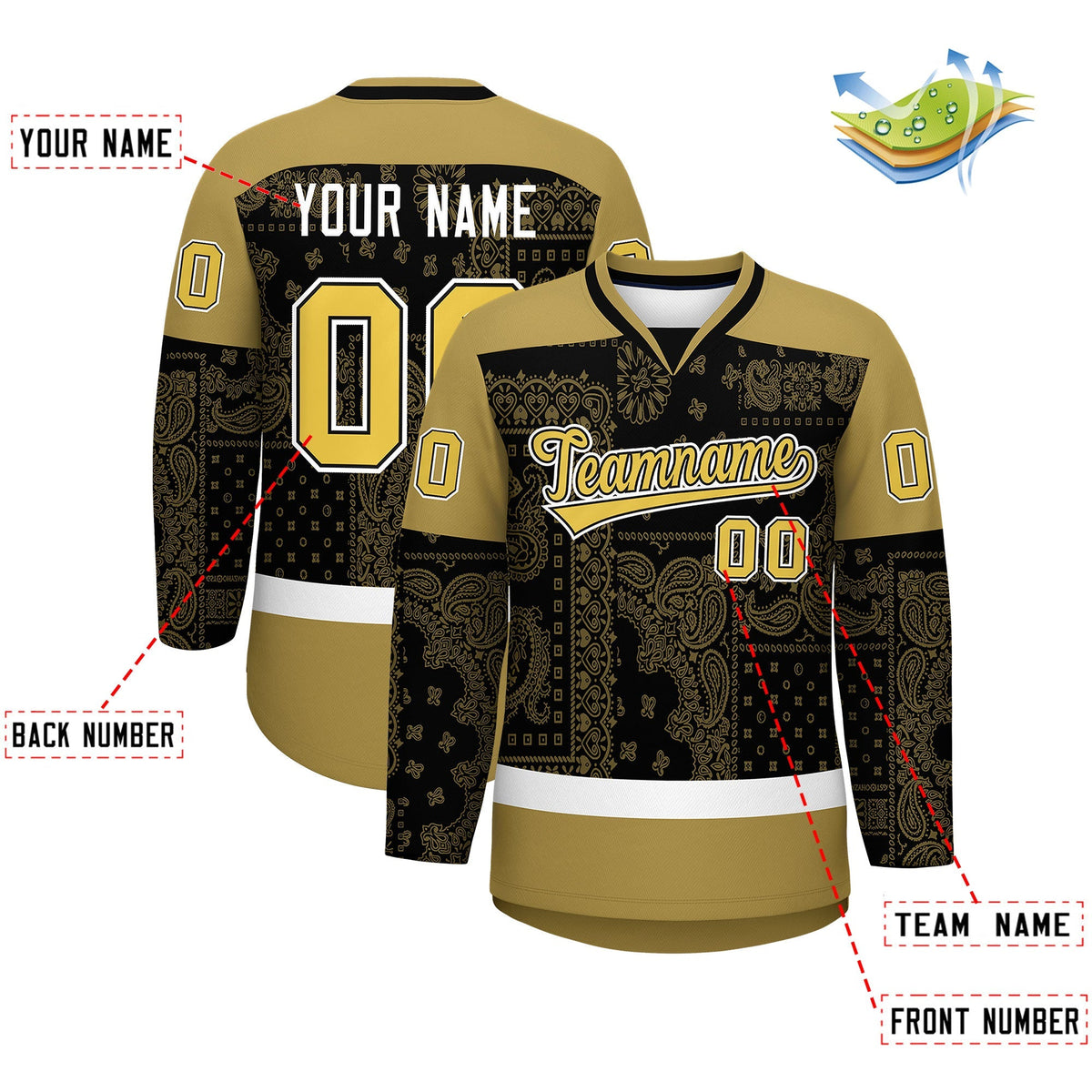 Custom Old Gold Black White Cashew Flower Graffiti Pattern V-Neck Hockey Jersey| KXKSHOP