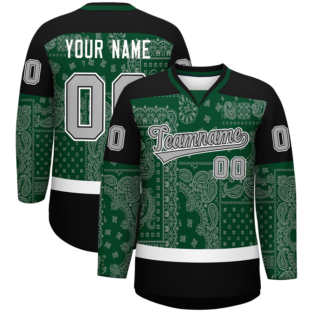 Custom Black Green White Cashew Flower Graffiti Pattern V-Neck Hockey Jersey| KXKSHOP