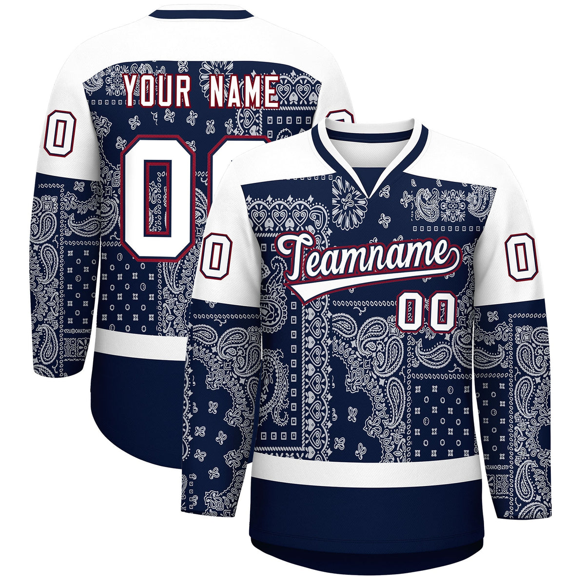 Custom White Navy Crimson Cashew Flower Graffiti Pattern V-Neck Hockey Jersey| KXKSHOP