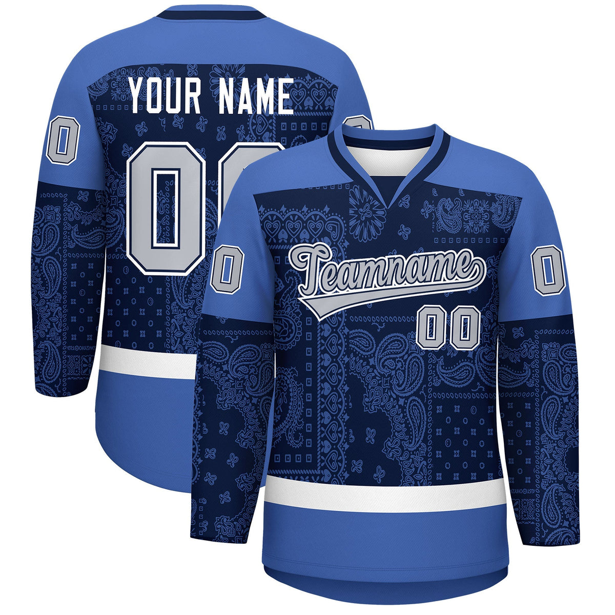Custom Blue Navy White Cashew Flower Graffiti Pattern V-Neck Hockey Jersey| KXKSHOP
