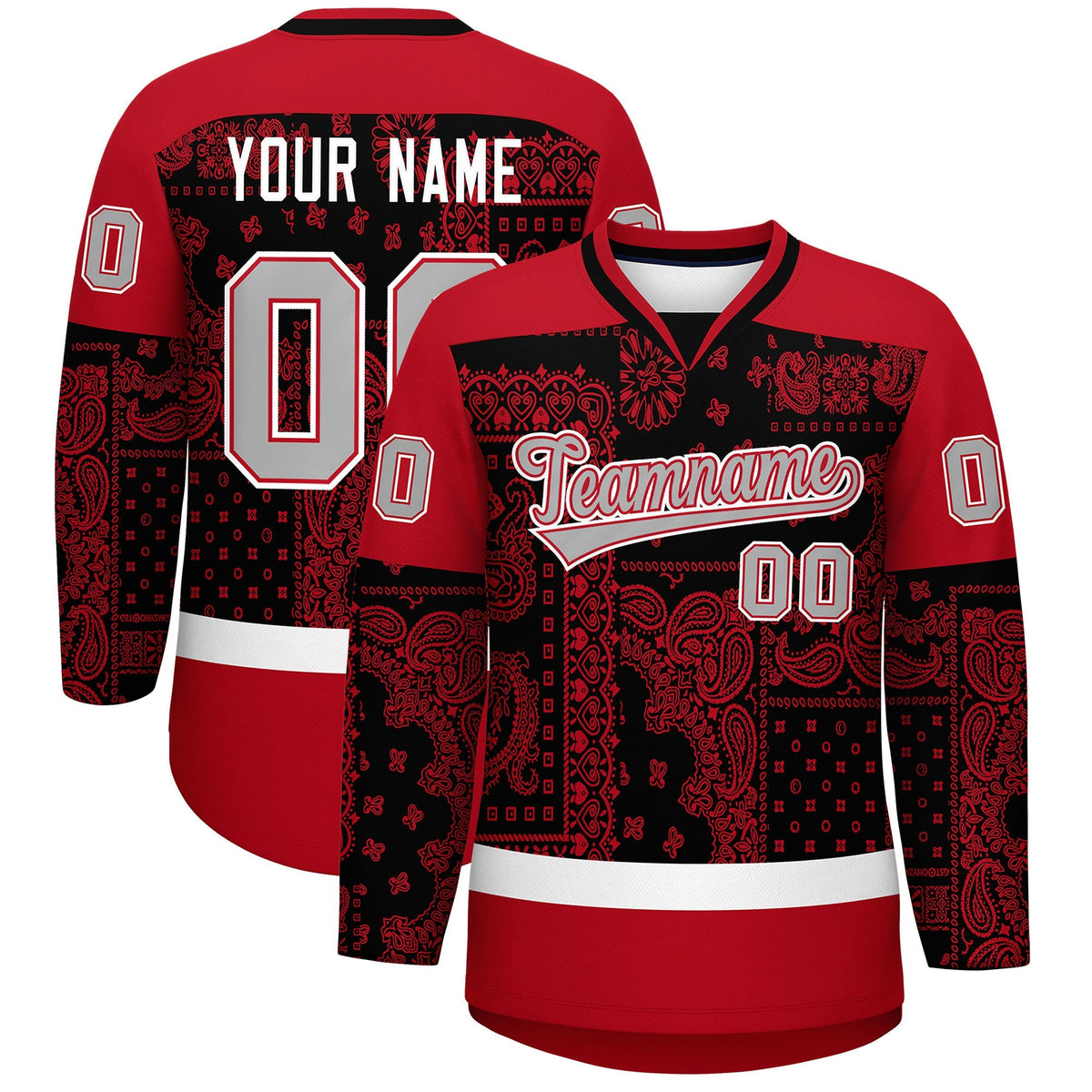 Custom Red Black White Cashew Flower Graffiti Pattern V-Neck Hockey Jersey| KXKSHOP