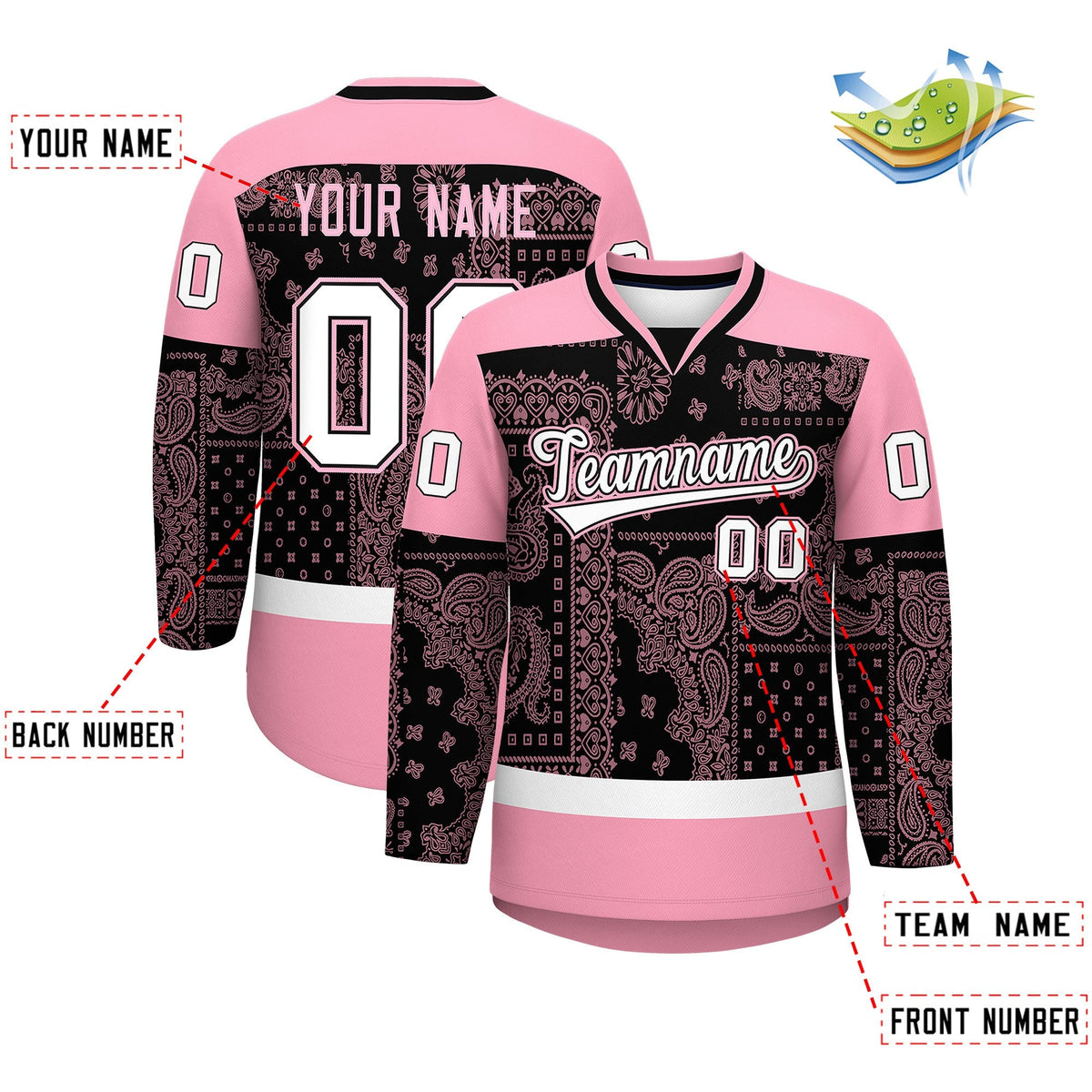 Custom Light Pink Black White Cashew Flower Graffiti Pattern V-Neck Hockey Jersey| KXKSHOP