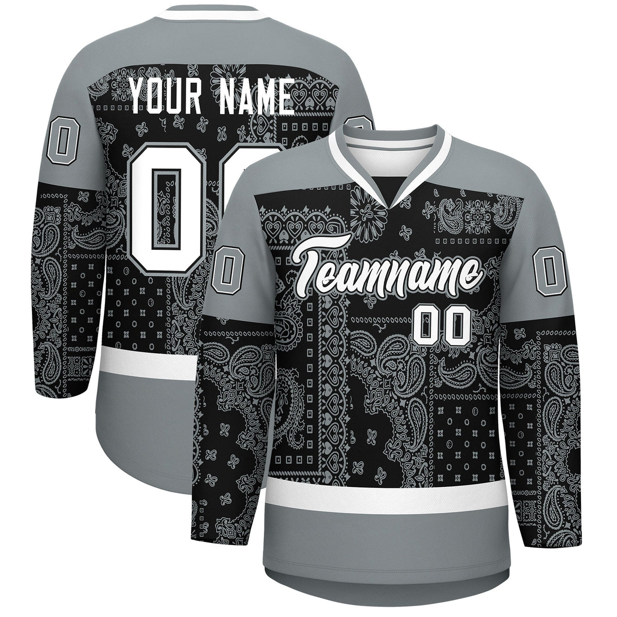 Custom Silver Gray White Black Cashew Flower Graffiti Pattern V-Neck Hockey Jersey| KXKSHOP
