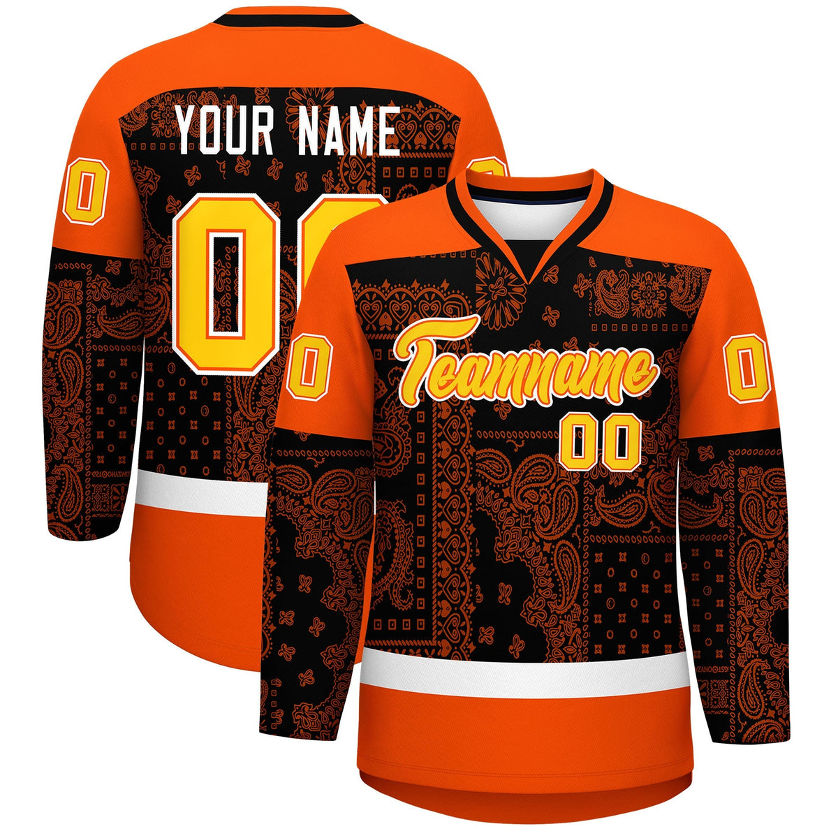 Custom Orange White Black Cashew Flower Graffiti Pattern V-Neck Hockey Jersey| KXKSHOP