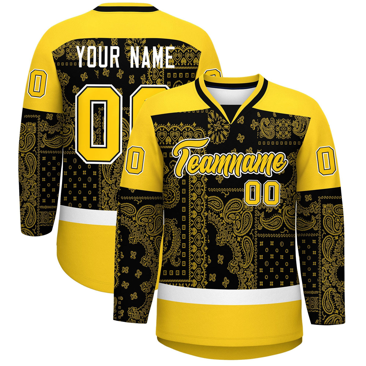 Custom Gold White Black Cashew Flower Graffiti Pattern V-Neck Hockey Jersey| KXKSHOP