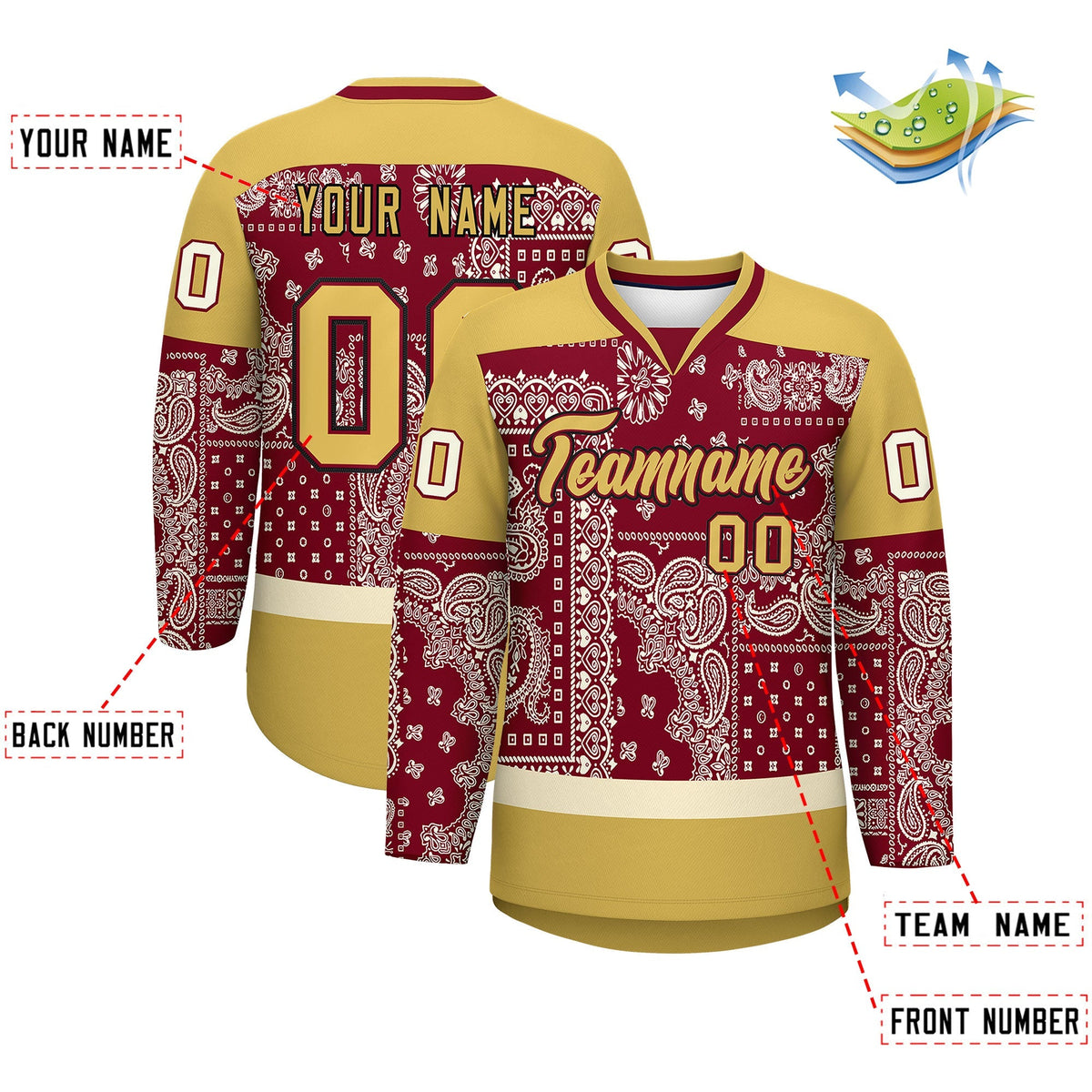 Custom Old Gold Crimson Cream Cashew Flower Graffiti Pattern V-Neck Hockey Jersey| KXKSHOP