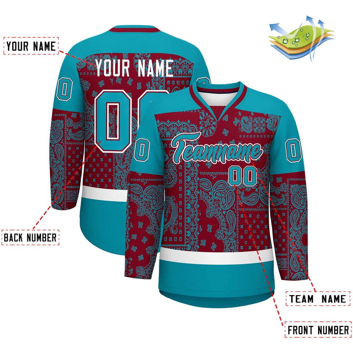 Custom Teal White Crimson Cashew Flower Graffiti Pattern V-Neck Hockey Jersey| KXKSHOP