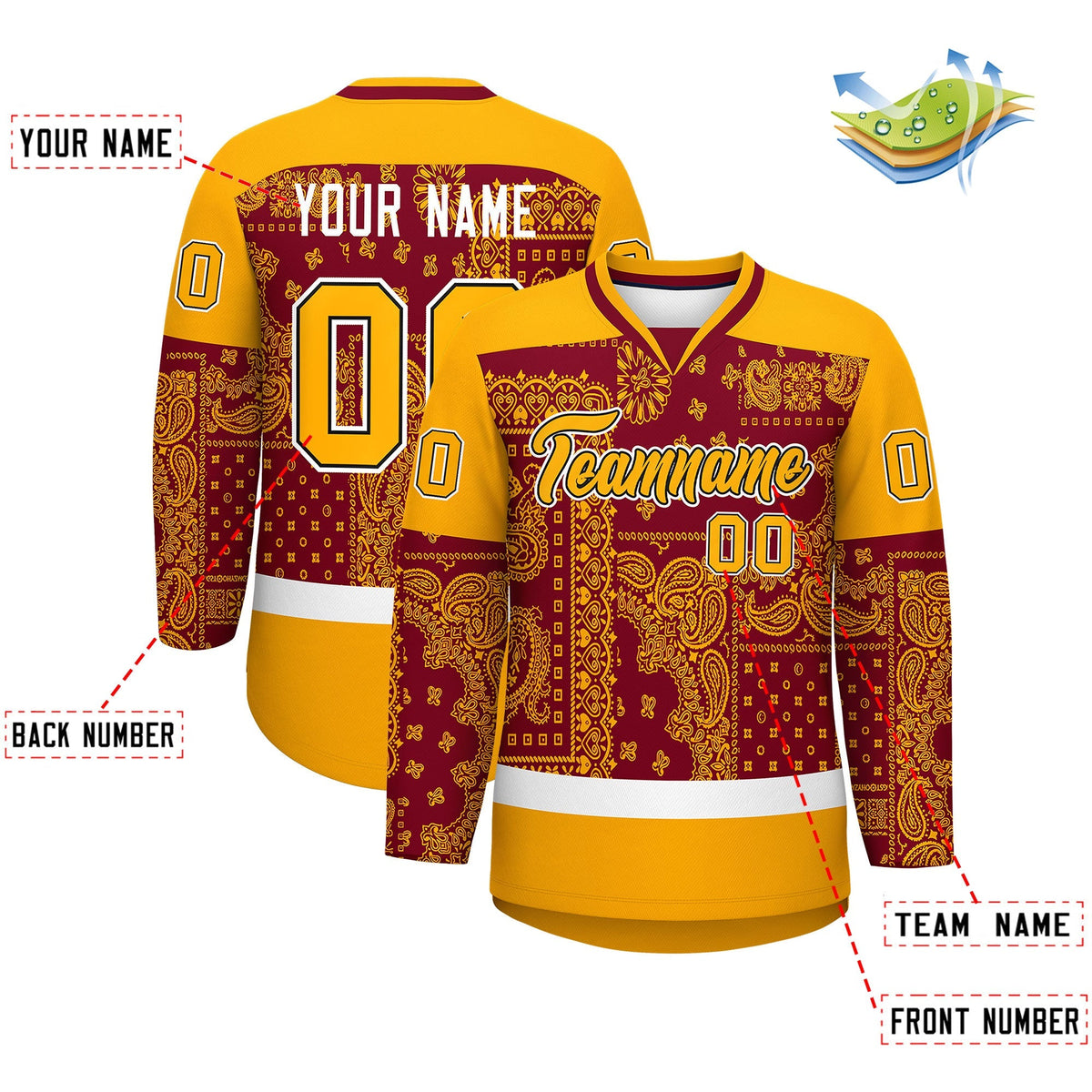 Custom Yellow Crimson White Cashew Flower Graffiti Pattern V-Neck Hockey Jersey| KXKSHOP