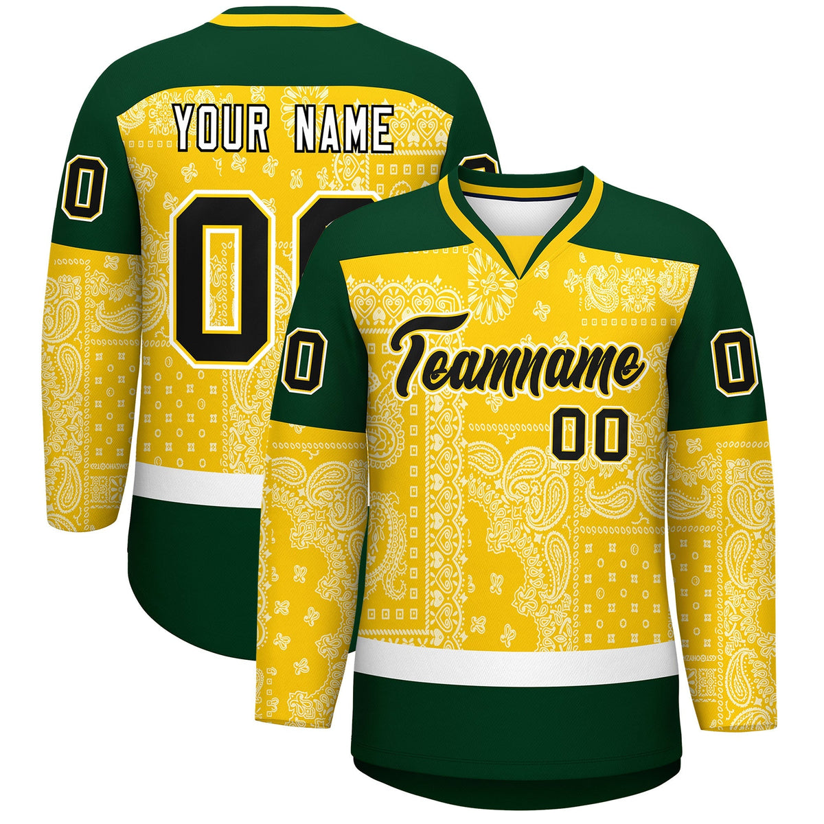 Custom Green Gold White Cashew Flower Graffiti Pattern V-Neck Hockey Jersey| KXKSHOP