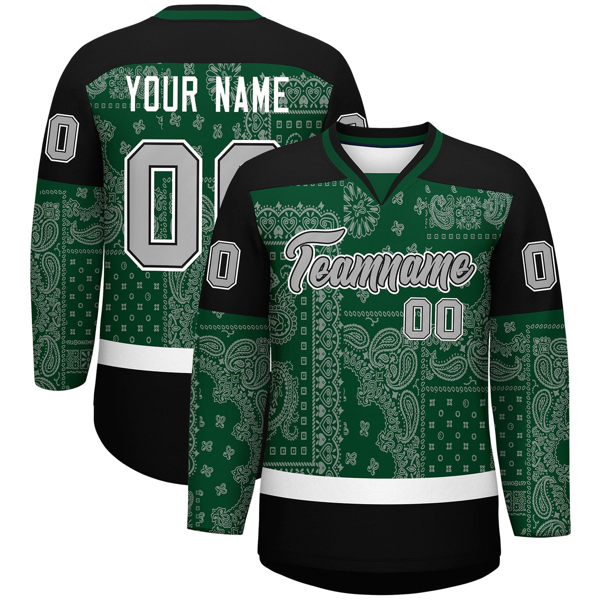 Custom Black Green White Cashew Flower Graffiti Pattern V-Neck Hockey Jersey| KXKSHOP