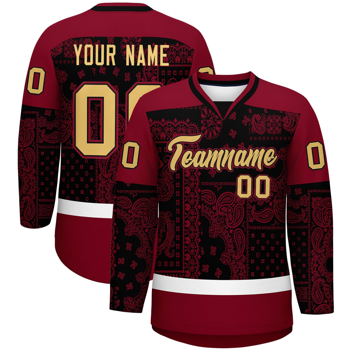 Custom Crimson Black White Cashew Flower Graffiti Pattern V-Neck Hockey Jersey| KXKSHOP