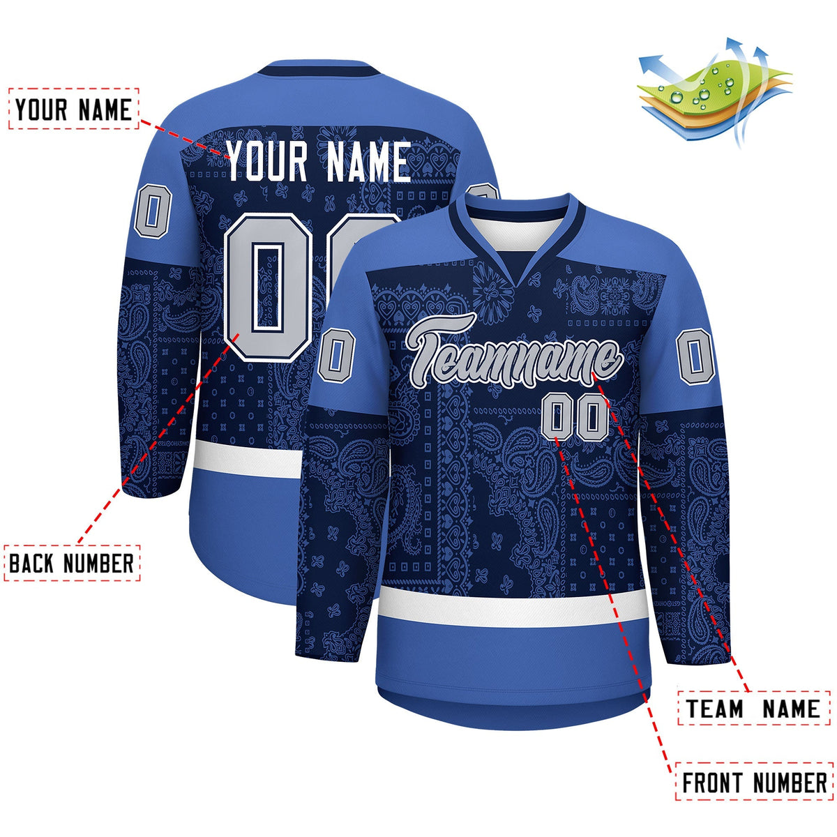 Custom Blue Navy White Cashew Flower Graffiti Pattern V-Neck Hockey Jersey| KXKSHOP