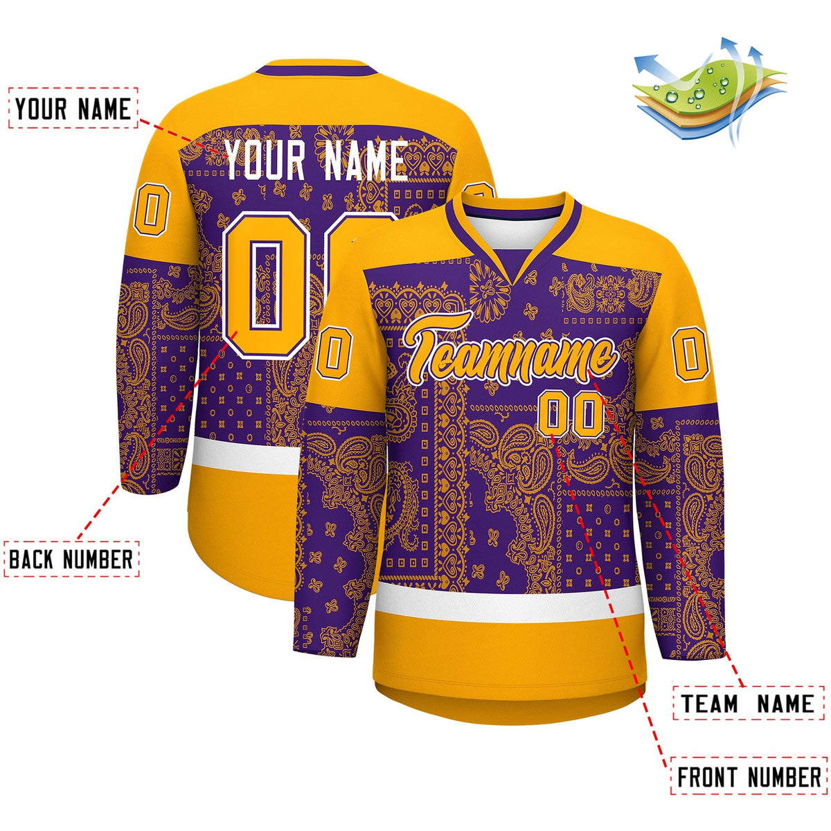 Custom Yellow Purple White Cashew Flower Graffiti Pattern V-Neck Hockey Jersey| KXKSHOP