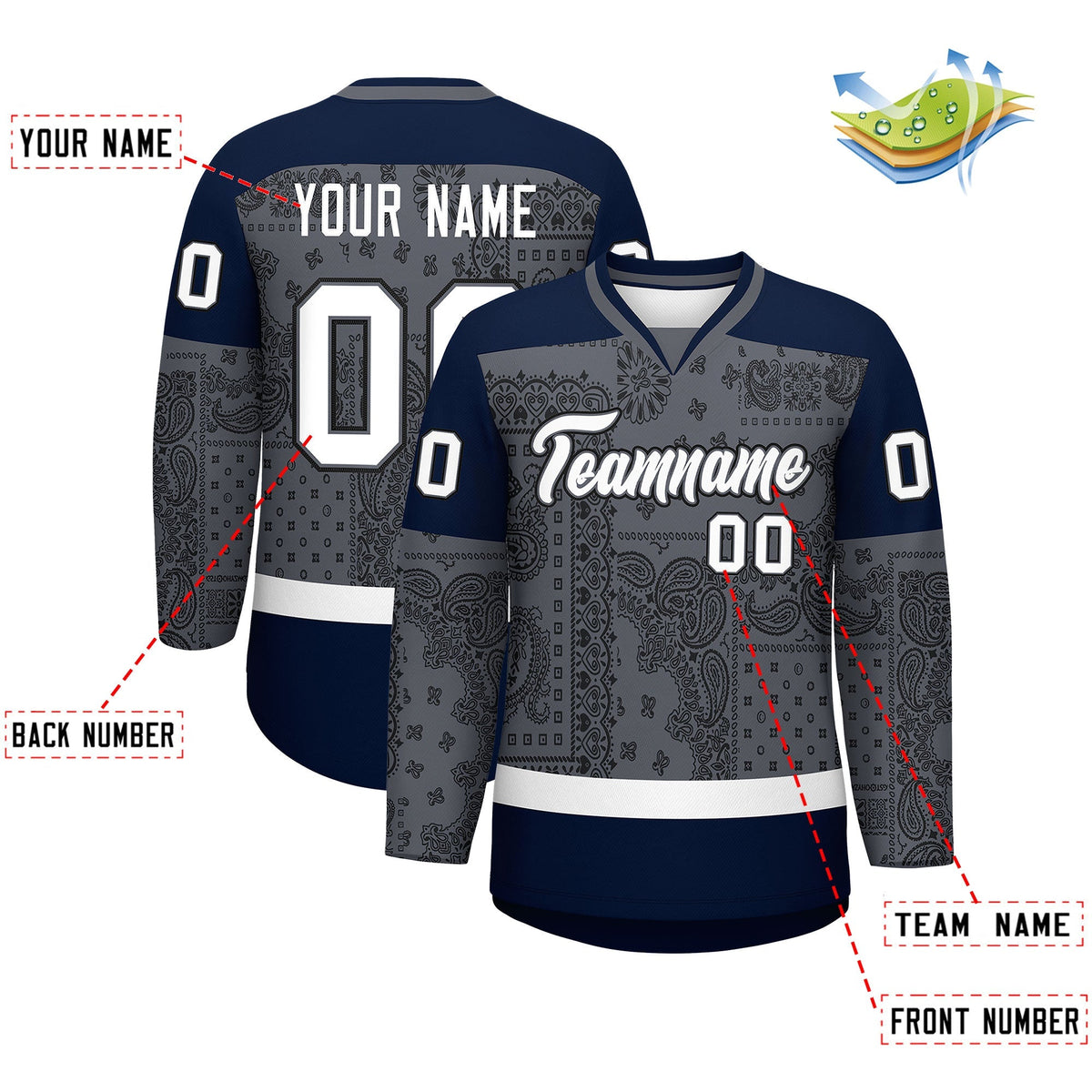 Custom Black Dark Gray White Cashew Flower Graffiti Pattern V-Neck Hockey Jersey| KXKSHOP