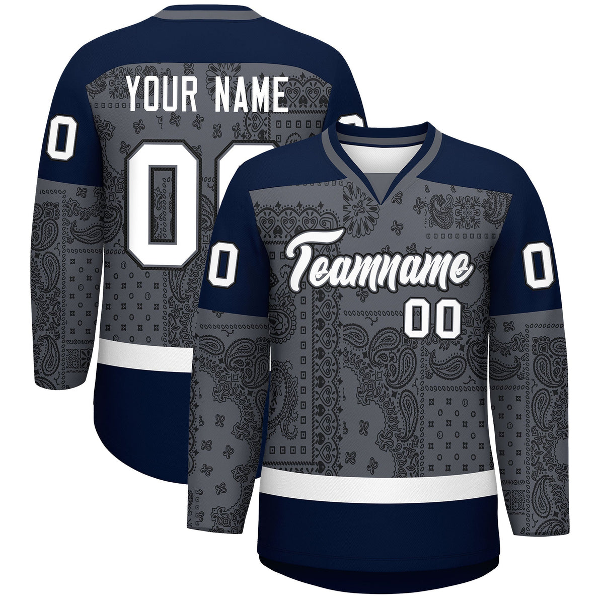 Custom Black Dark Gray White Cashew Flower Graffiti Pattern V-Neck Hockey Jersey| KXKSHOP