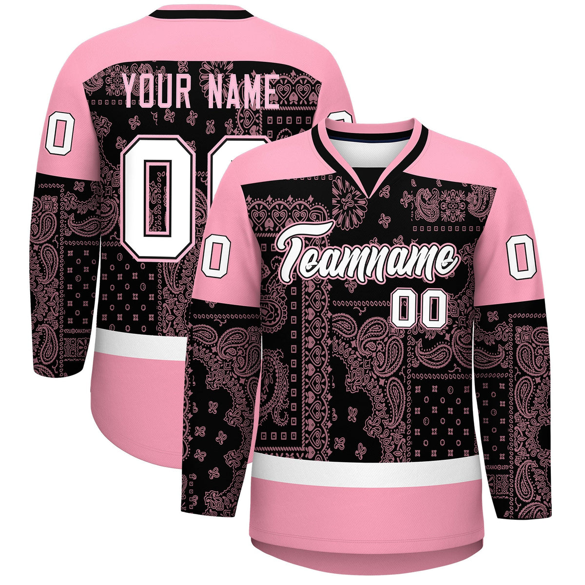 Custom Light Pink Black White Cashew Flower Graffiti Pattern V-Neck Hockey Jersey| KXKSHOP