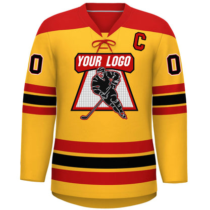 Custom Gold Red Black Personalized Classic Lace-Up Neck Hockey Jersey