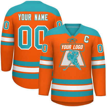 Custom Orange Aqua White Personalized Classic Lace-Up Neck Hockey Jersey