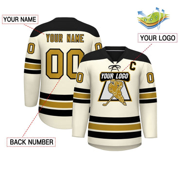 Custom Cream Black Old Gold Personalized Classic Lace-Up Neck Hockey Jersey
