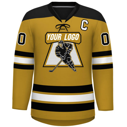 Custom Old Gold Black White Personalized Classic Lace-Up Neck Hockey Jersey