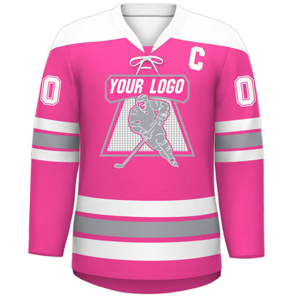 Custom Pink White Gray Personalized Classic Lace-Up Neck Hockey Jersey