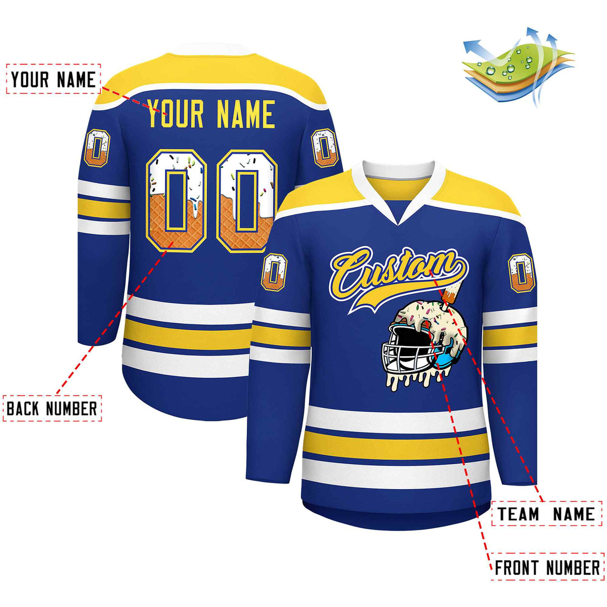Custom Royal Blue Gold Ice Cream Helmet Pattern Personalized V-Neck Hockey Jersey