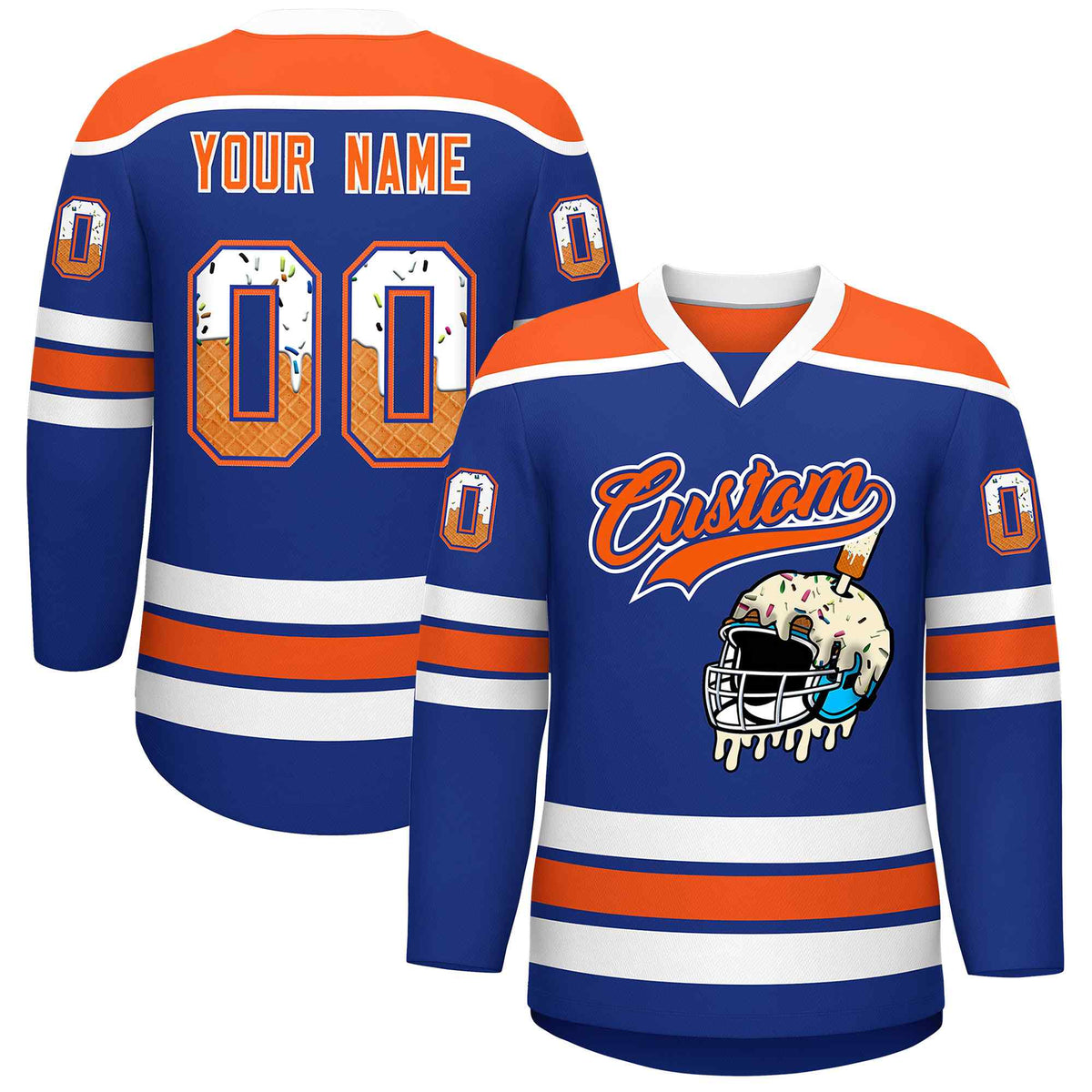 Custom Royal Blue Orange Ice Cream Helmet Pattern Personalized V-Neck Hockey Jersey