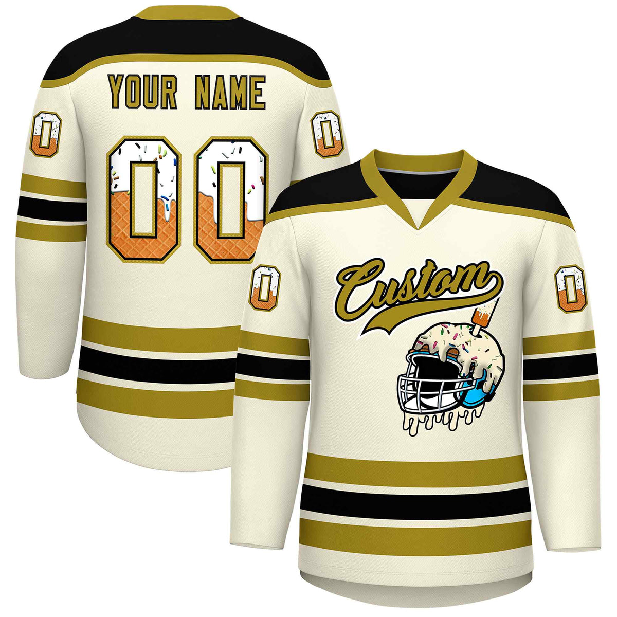 Custom Cream Old Gold Ice Cream Helmet Pattern Personalized V-Neck Hockey Jersey