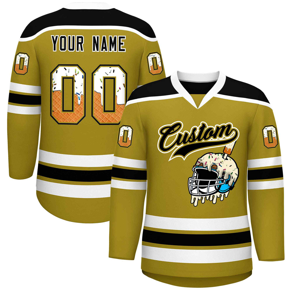 Custom Old Gold Black Ice Cream Helmet Pattern Personalized V-Neck Hockey Jersey