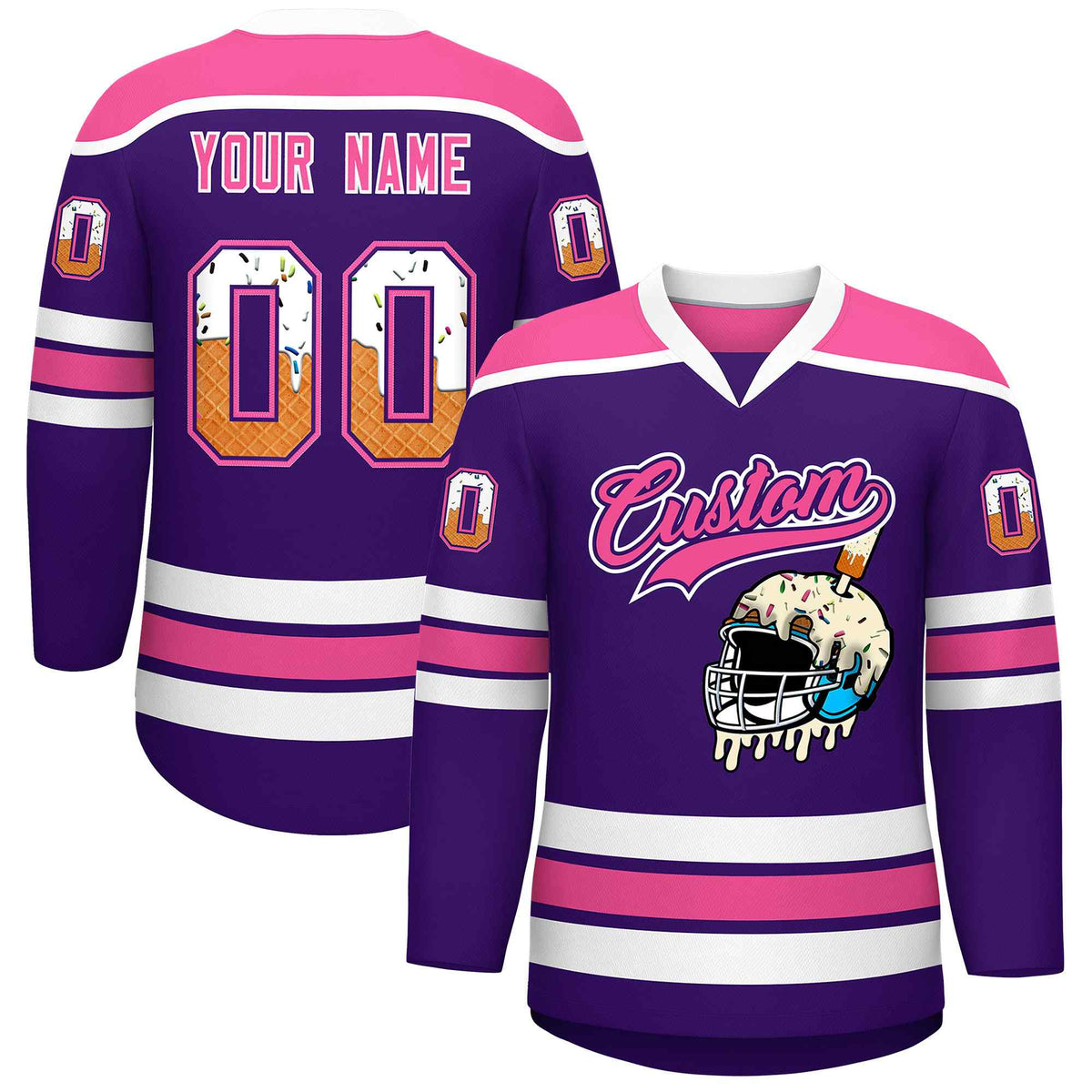 Custom Purple Pink Ice Cream Helmet Pattern Personalized V-Neck Hockey Jersey