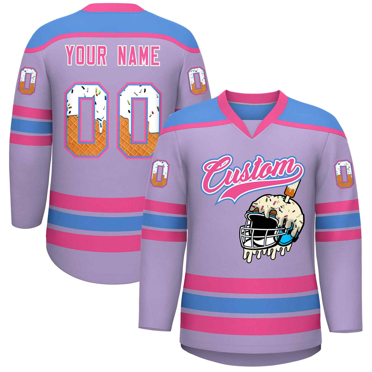 Custom Light Purple Powder Blue Ice Cream Helmet Pattern Personalized V-Neck Hockey Jersey