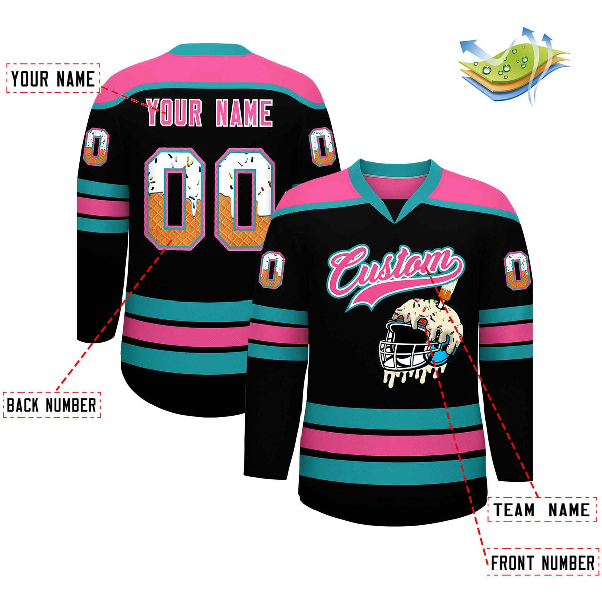 Custom Black Pink Ice Cream Helmet Pattern Personalized V-Neck Hockey Jersey