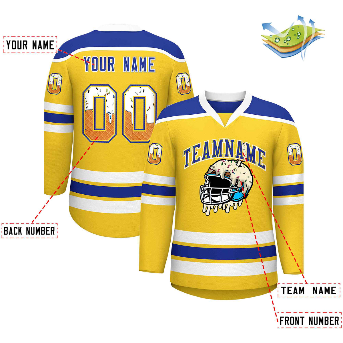 Custom Gold Royal Blue Ice Cream Helmet Pattern Personalized V-Neck Hockey Jersey