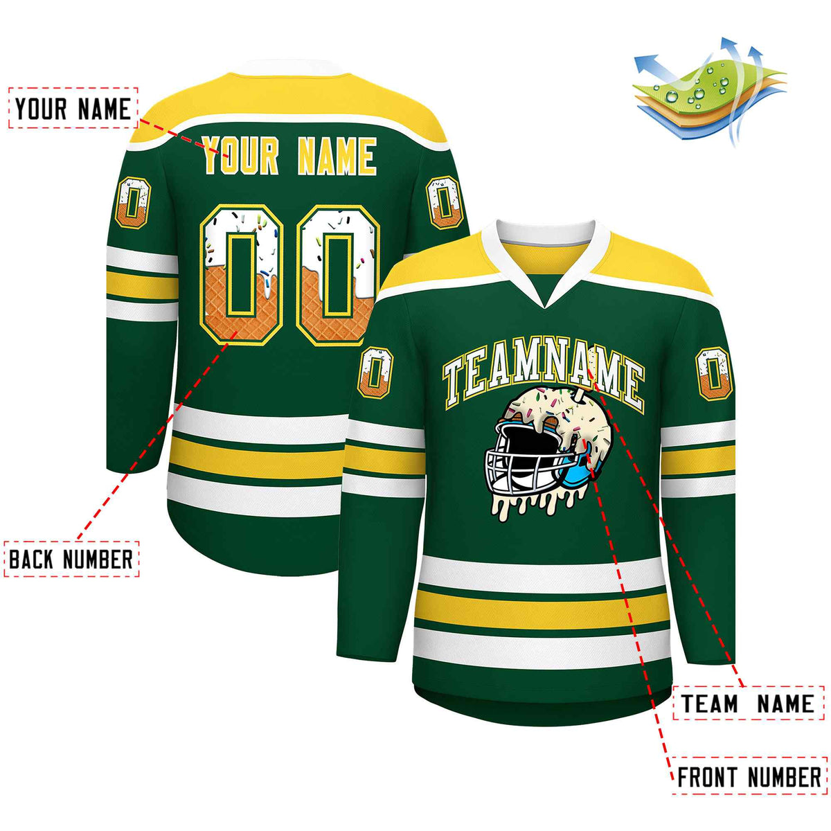 Custom Green Gold Ice Cream Helmet Pattern Personalized V-Neck Hockey Jersey