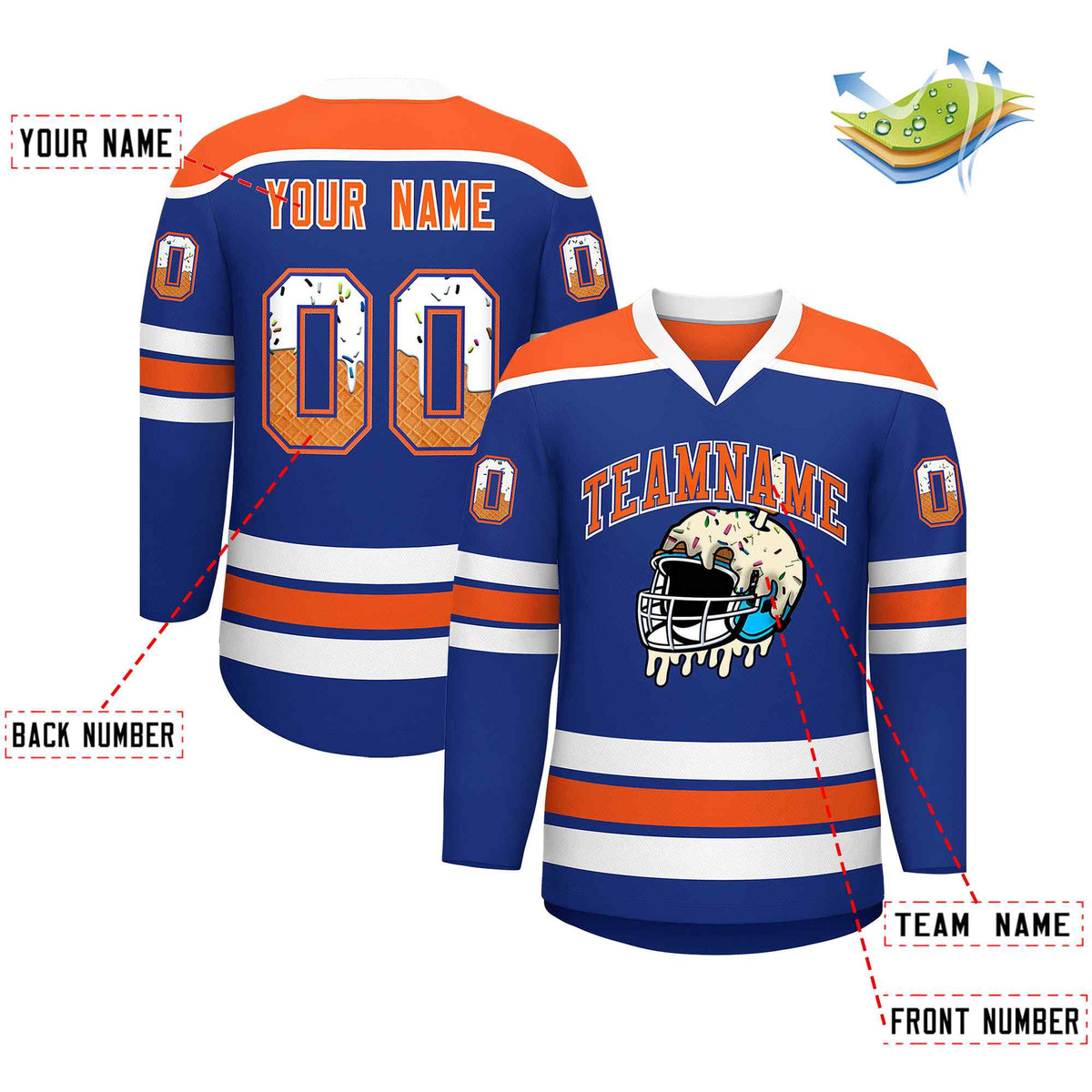 Custom Royal Blue Orange Ice Cream Helmet Pattern Personalized V-Neck Hockey Jersey