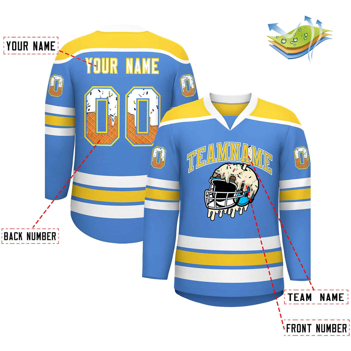 Custom Powder Blue Gold Ice Cream Helmet Pattern Personalized V-Neck Hockey Jersey
