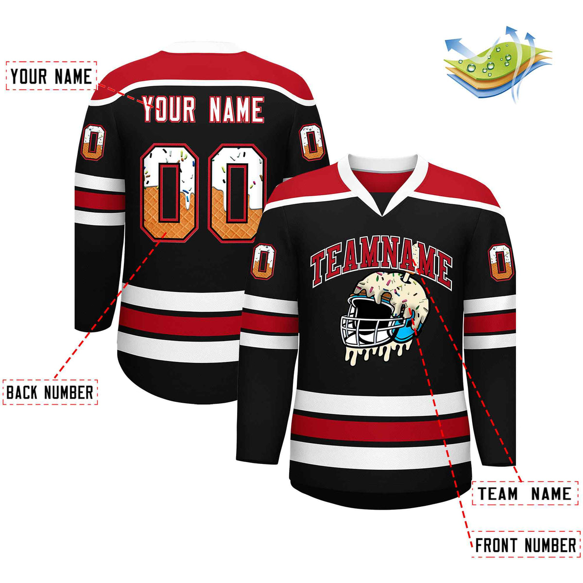 Custom Black Red Ice Cream Helmet Pattern Personalized V-Neck Hockey Jersey