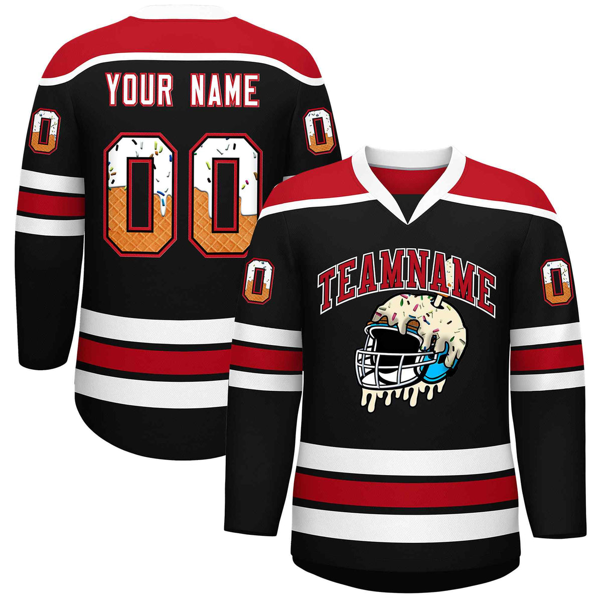 Custom Black Red Ice Cream Helmet Pattern Personalized V-Neck Hockey Jersey