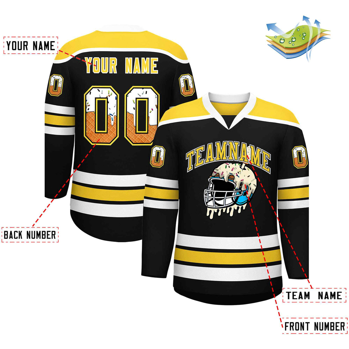 Custom Black Gold Ice Cream Helmet Pattern Personalized V-Neck Hockey Jersey