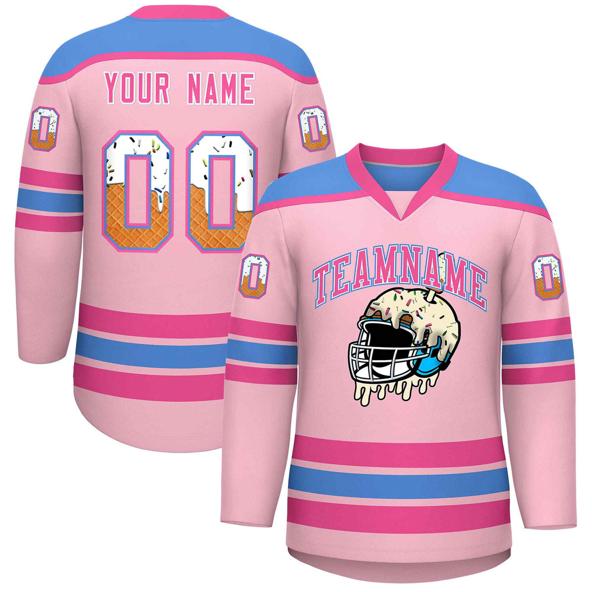 Custom Light Pink Powder Blue Ice Cream Helmet Pattern Personalized V-Neck Hockey Jersey