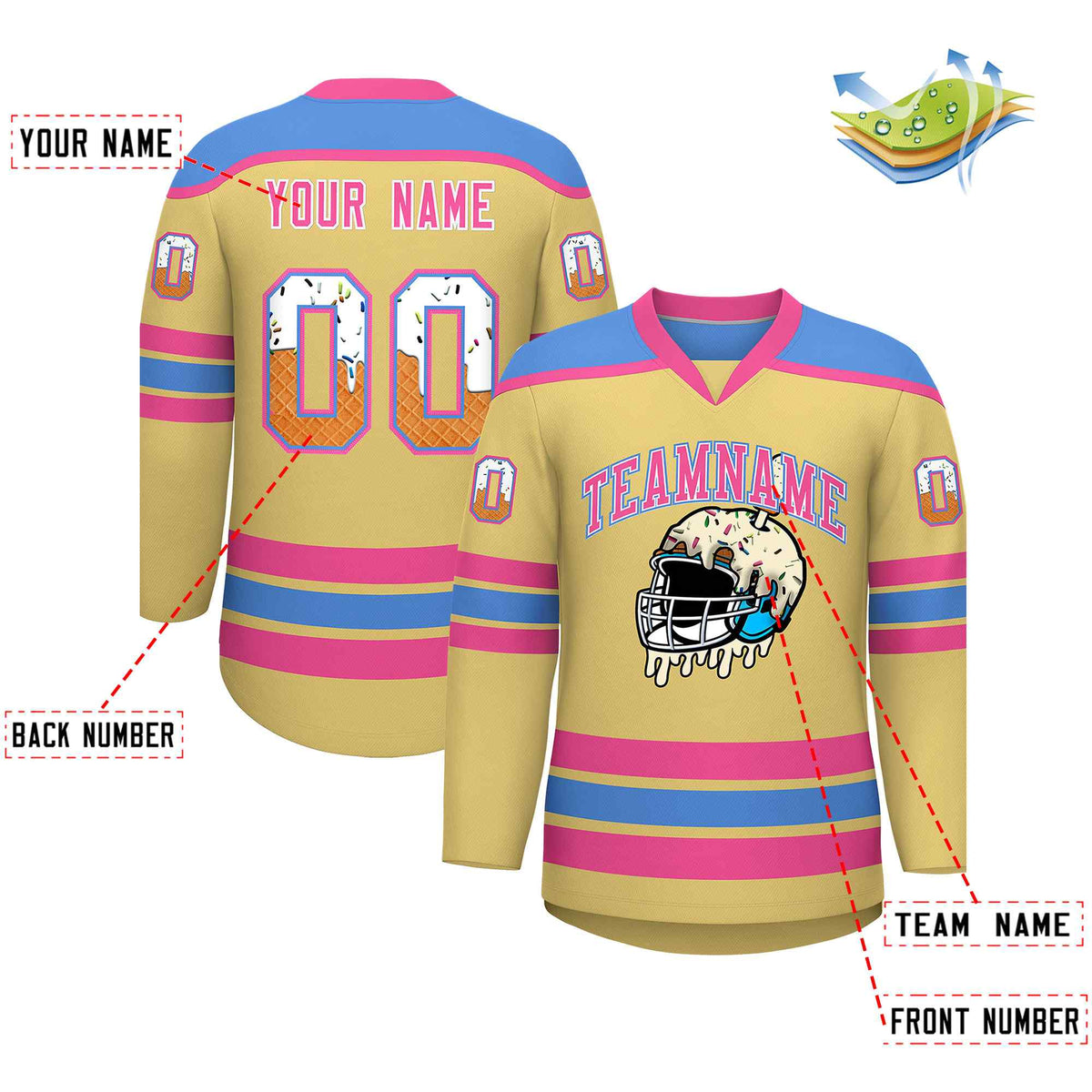 Custom Khaki Powder Blue Ice Cream Helmet Pattern Personalized V-Neck Hockey Jersey