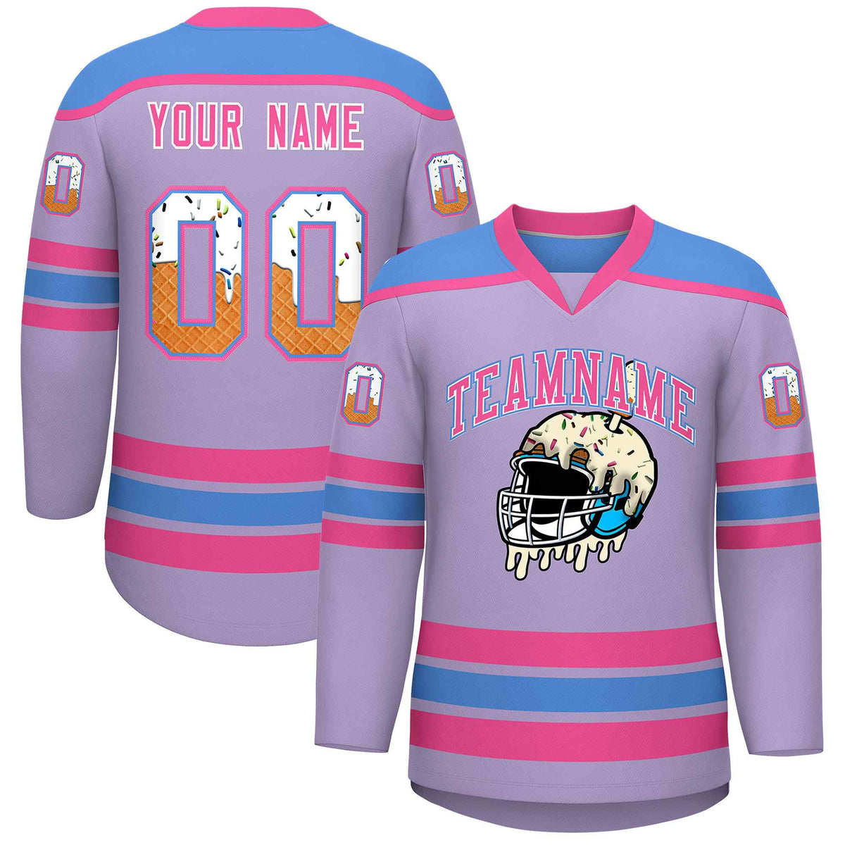 Custom Light Purple Powder Blue Ice Cream Helmet Pattern Personalized V-Neck Hockey Jersey