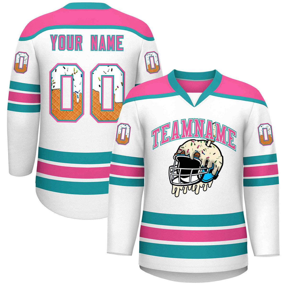 Custom White Pink Ice Cream Helmet Pattern Personalized V-Neck Hockey Jersey
